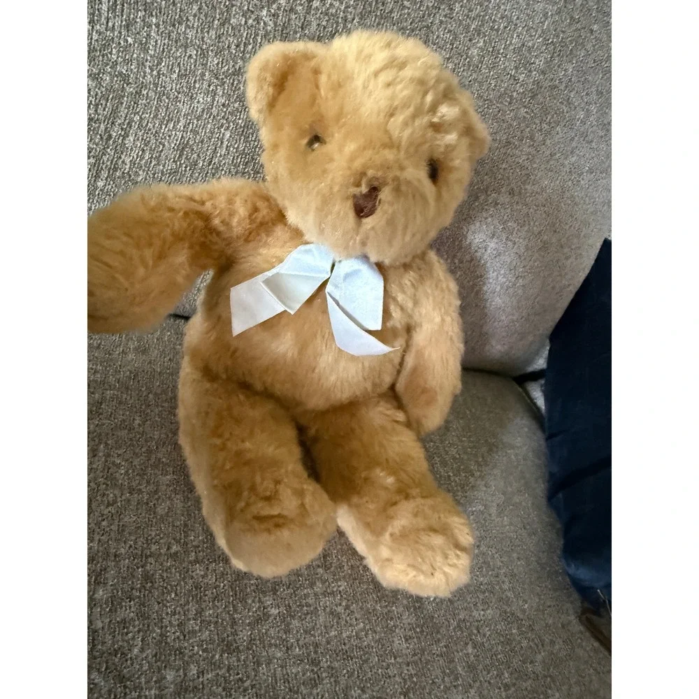 FAO‎ Schwarz Fifth Avenue Teddy Bear Plush Tan Honey 15 Inch White Bow Vintage